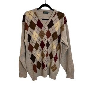 Blarney Woollen Mills Argyle V Neck Sweater Size XL New Lambswool Brown Ireland‎
